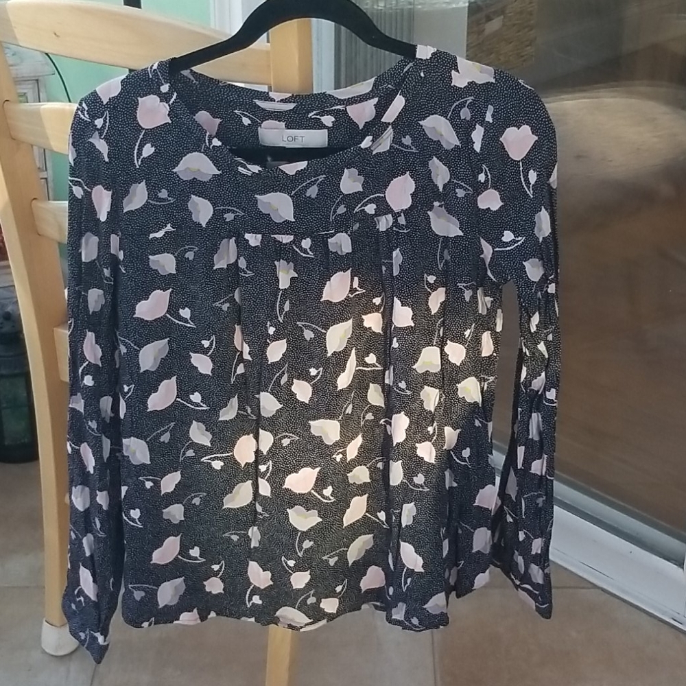 Loft pleated black pink floral blouse small